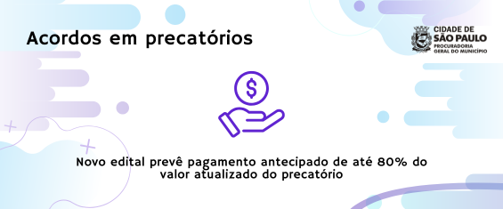 A imagem tem um layout limpo e moderno, com fundo branco e elementos gráficos em tons suaves de roxo, lilás e azul. No canto superior direito, está o brasão da Cidade de São Paulo acompanhado do texto: 