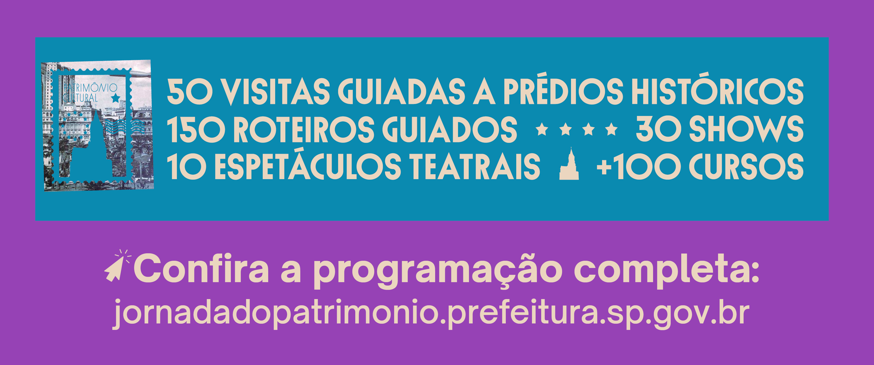 Uma imagem retangular com o fundo roxo. No centro, uma faixa horizontal azul-clara contém a maior parte do texto.  Na esquerda dessa faixa, há uma imagem pequena, que se parece com uma capa de revista ou folheto, com a frase 