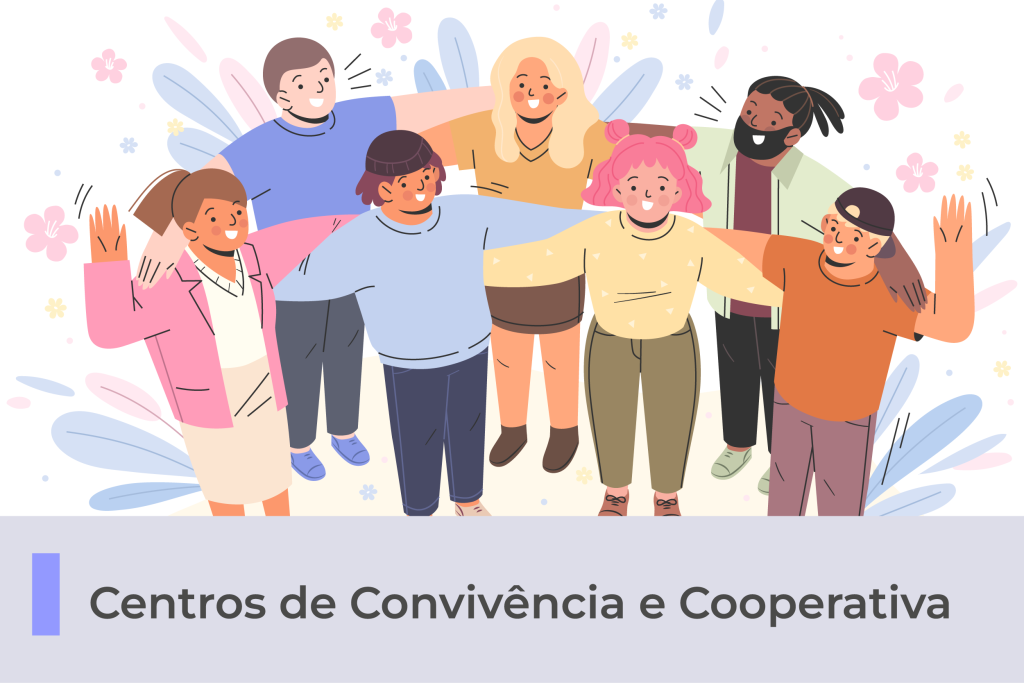 A imagem possui uma ilustração de pessoas abraçadas e reunidas. Abaixo, uma faixa com o texto 