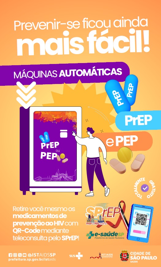 Cartaz laranja contendo informações das máquinas automáticas de PrEP e PEP e uma pessoa em movimento de acesso à máquina para retirada da medicação em forma de ilustração.